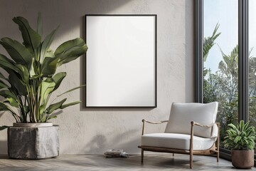 Poster Frame in Beige minimalist living room interior created with generative AI