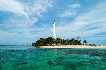 Belitung beach and island with Lengkuas Island lighthouse. Beautiful aerial view of islands and sea in Belitung, Indonesia 