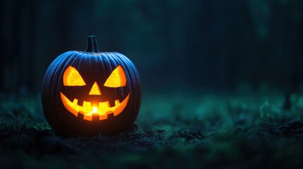 Eerie Glowing Jack-o'-lantern in Spooky Graveyard with Copy Space, Selective Focus - Ultra HD