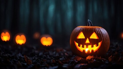 Mysterious Floating Jack-o'-lanterns in Dark Misty Forest on Halloween Night with Copy Space, Selective Focus - Ultra HD