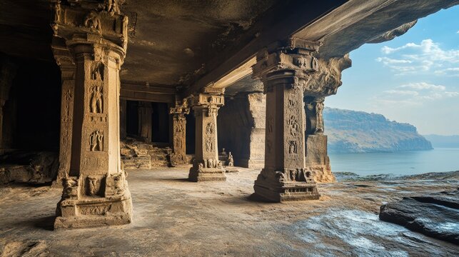A view of the historic Elephanta Caves, with ancient rock-cut sculptures and carvings.