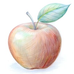 A hand drawn illustration of a red apple with a single green leaf.