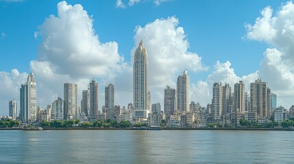 Fototapeta premium A view of the Mumbai skyline with the iconic Antilia building towering above the cityscape.