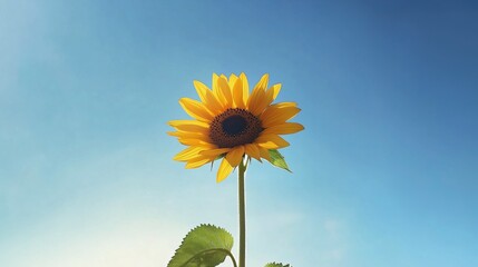 Fototapeta premium A single sunflower in the sky clear blue background low-angle shot