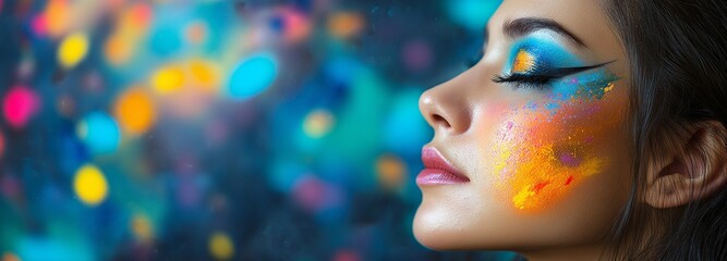 Fototapeta premium Gorgeous girl sporting body and face art space makeup
