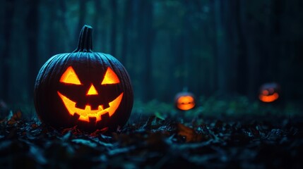 Eerie Halloween Jack-o'-Lanterns Aglow in Enchanted Forest Night with Copy Space, Selective Focus - Ultra HD