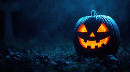 Naklejka premium Eerie Halloween Scene with Glowing Jack-o'-lantern in Shadowy Graveyard with Copy Space, Selective Focus.