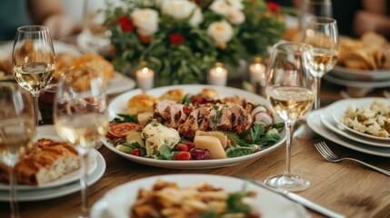 Guests enjoying a lavish wedding feast surrounded by a sumptuous display of culinary delights and an elegant festive ambiance  The table is set with fine dining accoutrements