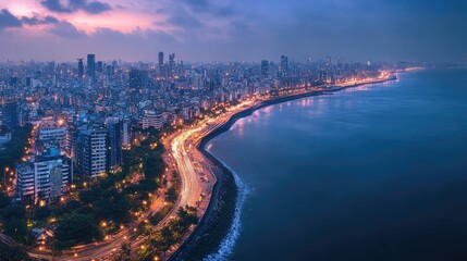 Aerial view of Mumbai Marine Drive, with the iconic curve of the coastline and city lights at dusk.