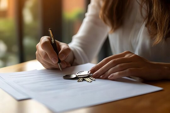 A firsttime homebuyer signing the final paperwork, with keys and a contract on the table, closeup shot, soft lighting, warm tones, indoor setting