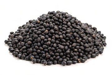 A single, uncooked whole black gram bean sits solitary on a crisp white background, textures and curves showcasing its imperfect beauty.