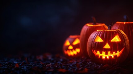 Eerie Glowing Jack-o'-Lanterns in Spooky Night Scene with Copy Space, Selective Focus - Ultra HD