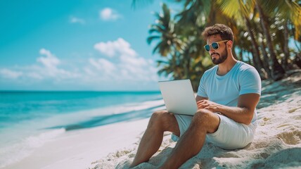 Man in business, on a tropical beach vacation with his laptop. Weekend getaways and working remotely as a freelancer