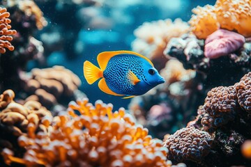 Obraz premium A Blue and Yellow Angelfish Swimming Near Coral Reef
