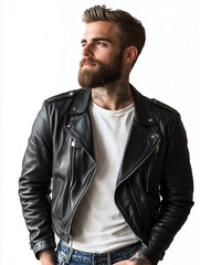 Obraz premium A stylish young man with a beard and tattoos, wearing a leather jacket and jeans, looking thoughtfully to the side, isolated on a white background
