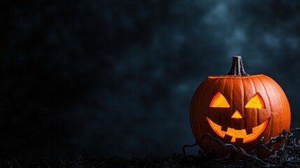 Illuminated Jack-o'-lantern with Twisted Vines on Dark Moody Sky Background - Halloween Decoration Concept