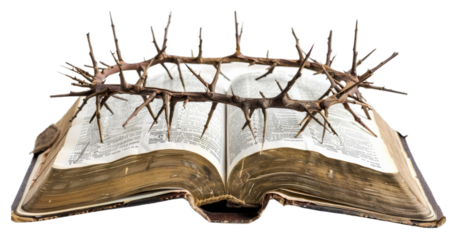 Book with a crown of thorns on its pages, symbolizing sacrifice isolated on transparent background