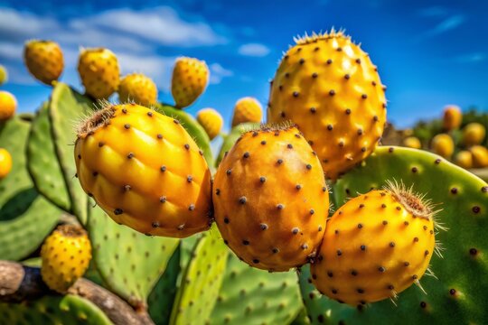 A photo image of a ripe yellow prickly pear cactus fruit, also known as higo fruta, growing on a desert branch.