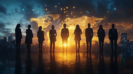 A group of business leaders from various ethnic backgrounds, standing tall against a backdrop of a glowing world clock with time zone lines, highlighting the interconnected nature of global business,