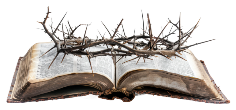 An open book with a crown of thorns resting on its pages isolated on transparent background