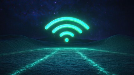 Obraz premium Glowing green neon wifi icon on futuristic digital highway with light trails