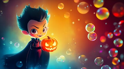 Cute Vampire Boy Holding Jack O Lantern Pumpkin for Halloween with Bubbles