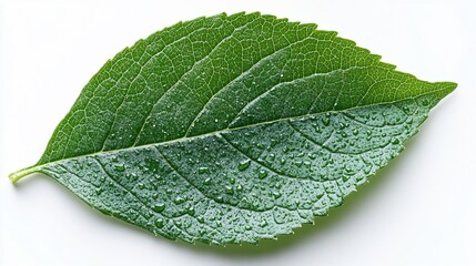 Emerald Dewdrop: A single, vibrant green leaf lies on a pristine white background, its surface adorned with glistening dewdrops, capturing the essence of nature's freshness. 