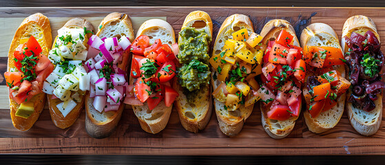 Fototapeta premium Vibrant Array of Colorful Bruschetta with Varied Toppings on Neatly Arranged Serving Board
