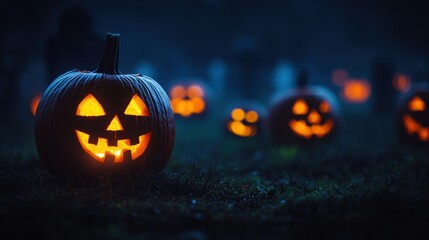 Eerie Halloween Atmosphere with Glowing Jackolanterns in Misty Cemetery at Night, Copy Space for Text, Selective Focus - Ultra HD