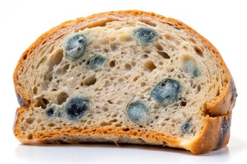 A slice of bread showcases its unsavory side, pockmarked with dark green black mold growing in unpleasant, fuzzy clumps and spreading across its surface.