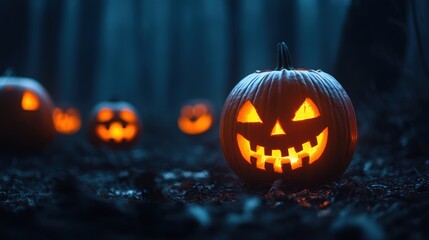Spooky Jack-O'-Lanterns Illuminating Dark Forest Clearing for Halloween Night Ambiance with Copy Space, Selective Focus, Ultra HD