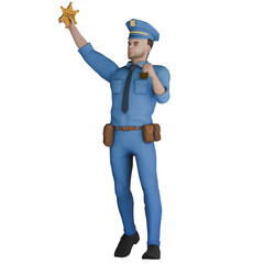Cartoon Cop Male Professional. A male police officer was raising his sheriff's badge in the air with a serious expression. 3D Police Illustration