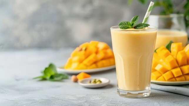 A refreshing mango lassi with ripe mango chunks and cardamom.