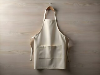 A clean. blank canvas apron hanging on a wooden wall. ready for your branding or design.