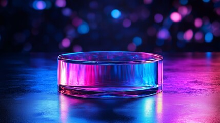 A glass podium with a prismatic finish, set against a dark blue background with subtle rainbow reflections, suitable for premium perfume products