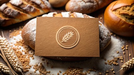A warm photograph of a brown bakery business card, featuring a prominent white flour and bread crumb logo at its center.