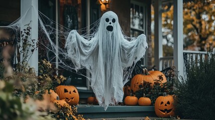 DIY ghost made of paper mache, hanging from a porch, gently swaying in the wind, surrounded by pumpkins and spider webs