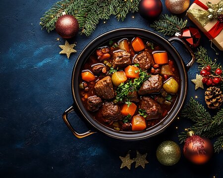 A comforting beef stew on an isolated navy blue background, decorated with Christmas ornaments and gift boxes, leaving ample room for a message