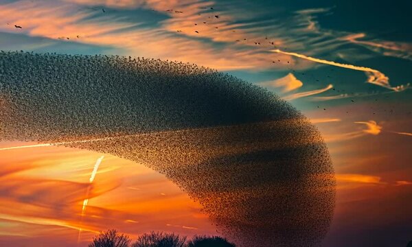 A mesmerizing flock of starlings forming a dynamic pattern against a vibrant sunset sky.
