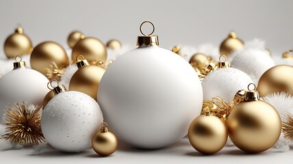 3d render. Winter holiday wallpaper. Festive white and gold Christmas ornaments and baubles. Empty glass snow ball isolated on white background.