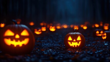 Spooky Halloween Trail with Glowing Jack O'Lanterns in Dark Eerie Landscape Perfect for Design Projects - Ultra HD