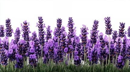 Naklejka premium Serene Lavender Dreamscape: A vibrant field of lavender blooms against a pristine white backdrop, evoking tranquility and aromatic bliss. 