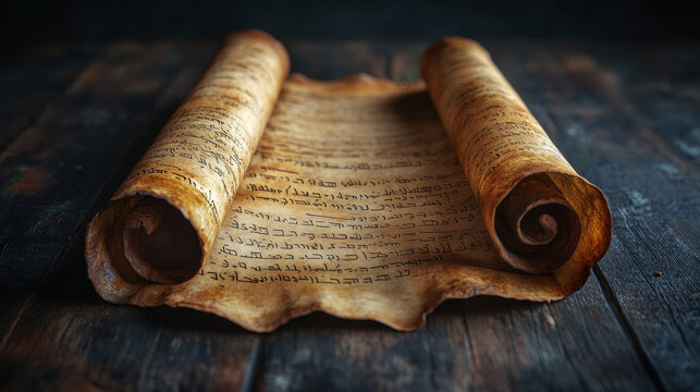 Opened unrolled scroll on a wood surface. The Torah, also known as the Pentateuch. Holy Bible. Judaism or Christian. With holy scriptures written on the cream old worn paper parchment.
