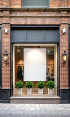 A blank storefront window with a white sign. perfect for showcasing your brand or product.