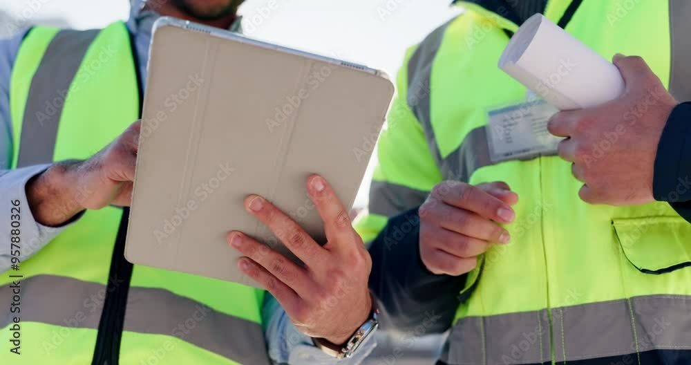 Poster architecture, tablet and teamwork with hands of people in city for project management, digital bluep