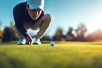 Close-up of a calm golfer lining up a putt, eyes measuring the distance to the hole