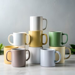 A vibrant collection of colorful mugs. perfect for showcasing your brand or design.