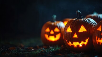 Glowing Jack-o'-Lanterns in Eerie Basement - Halloween Decorations with Various Spooky Expressions, Copy Space for Text
