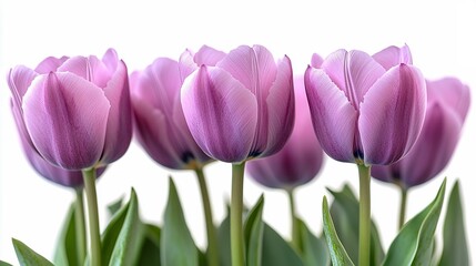 Fototapeta premium Lilac Tulips: A trio of delicate lilac tulips stand tall against a white background, their petals unfurling in a symphony of soft hues. Their elegant forms create a tranquil and romantic atmosphere. 