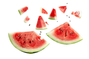 Watermelon with half slice falling or floating in the air isolated on white or transparent background 